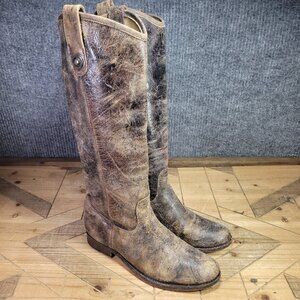 Frye Melissa Women's 7B Distressed Glazed Leather Tall Western Boots Brown 77164